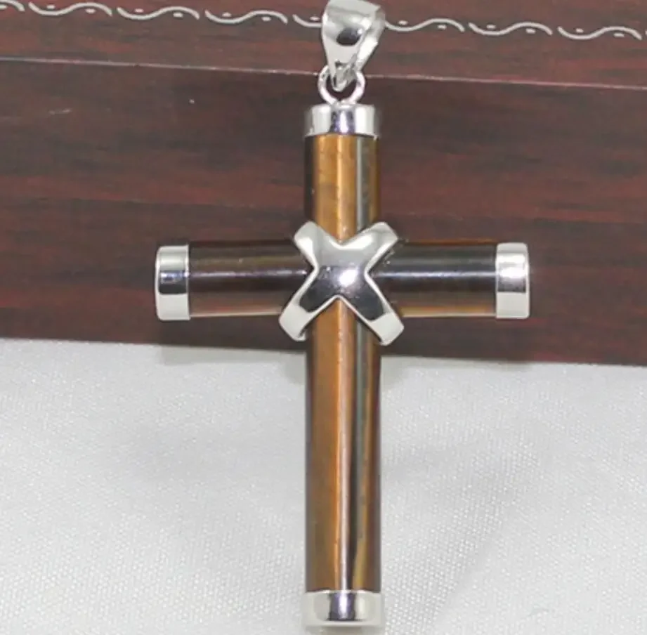 

Women's fashion silver plated Tiger Eye Stone Cross Pendant Necklace