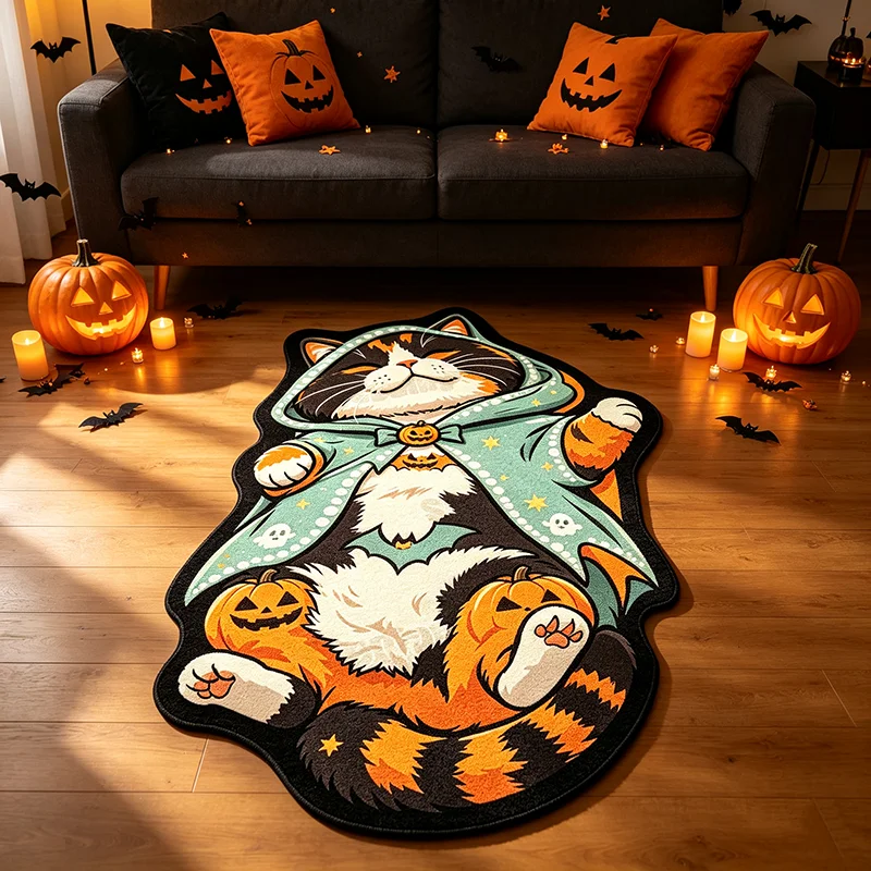 VIKAMA Halloween Cute Cat Pumpkin Cloak Shaped Rug Soft Plush Non Slip Easy Clean Entrance Floor Mat Holiday Home Decor