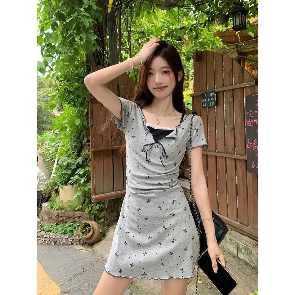 

Sexy Cute Grey Bow Dots Dress Stitching Ruffle Mini Dress High Waist Short Dress