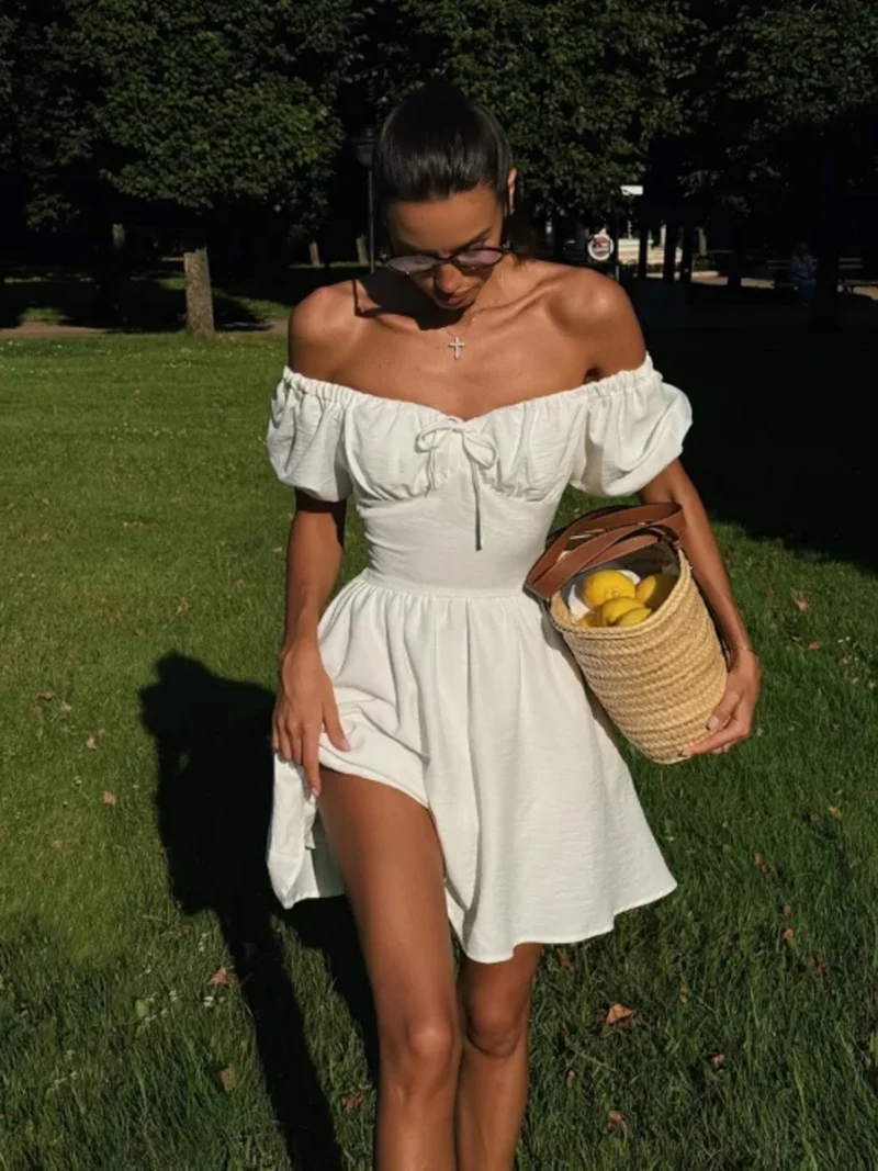 MSCSZ 퍼프 슬리브 오프 숄더 미니 드레스 보우 타이 하이 웨이스트 a 라인 여름 드레스 여성 Boho Chic 짧은 생일 파티 드레스