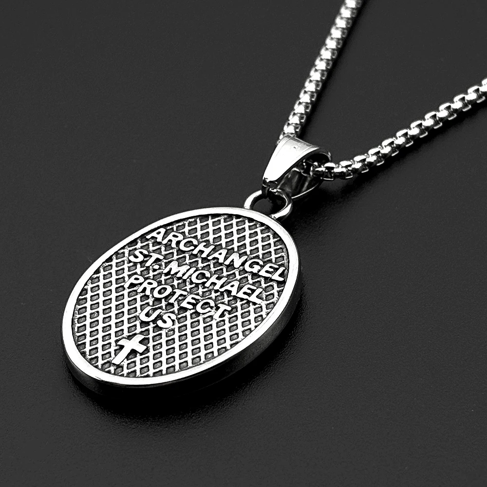 Archangel Saint Michael Pray for Us Stainless Steel Chain Necklace for Women Men Silver Color Oval Pendant Necklaces Jewelry