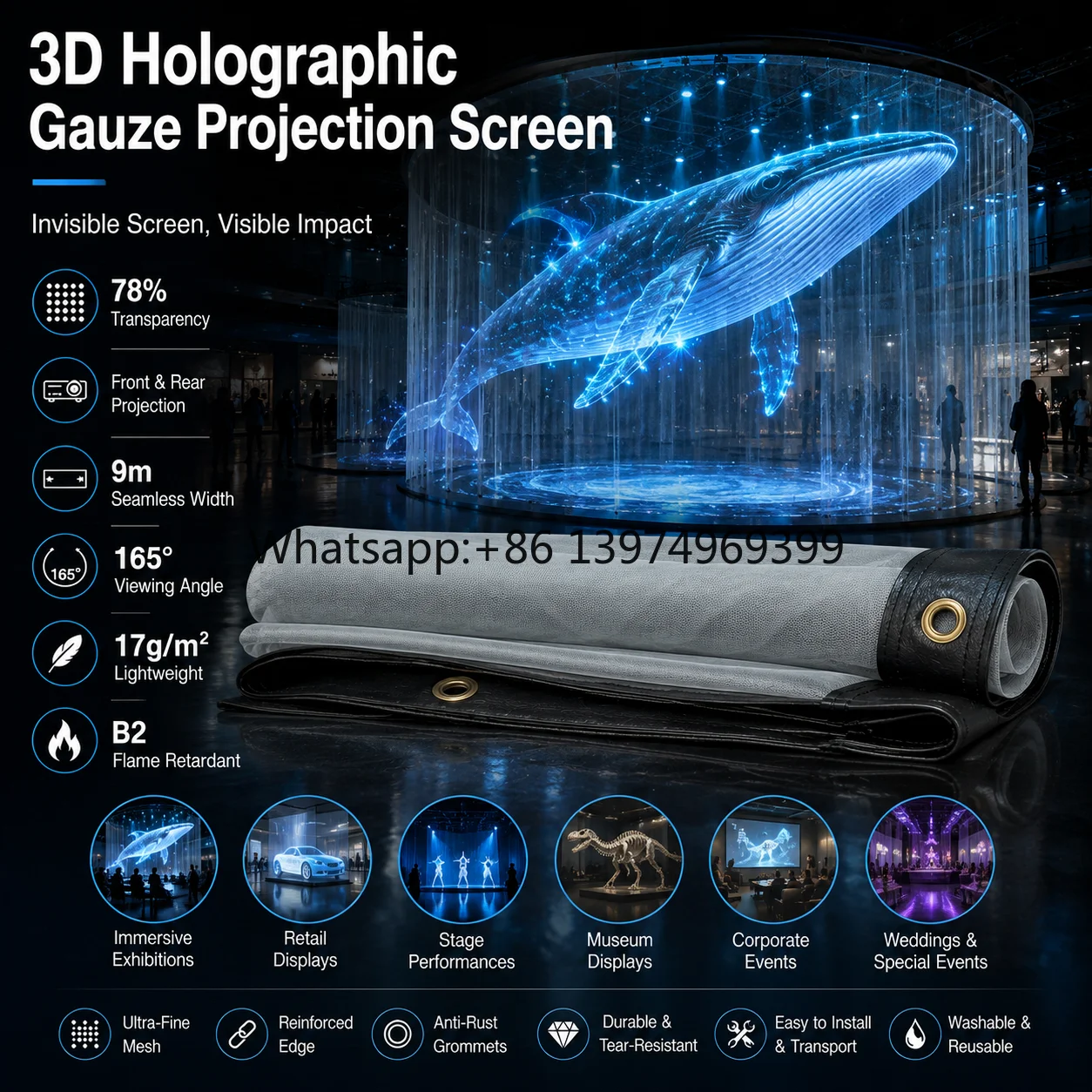 3D Hologram Projection Screen Ultra Lightweight Holographic Mesh Screen with Rear Projection Support