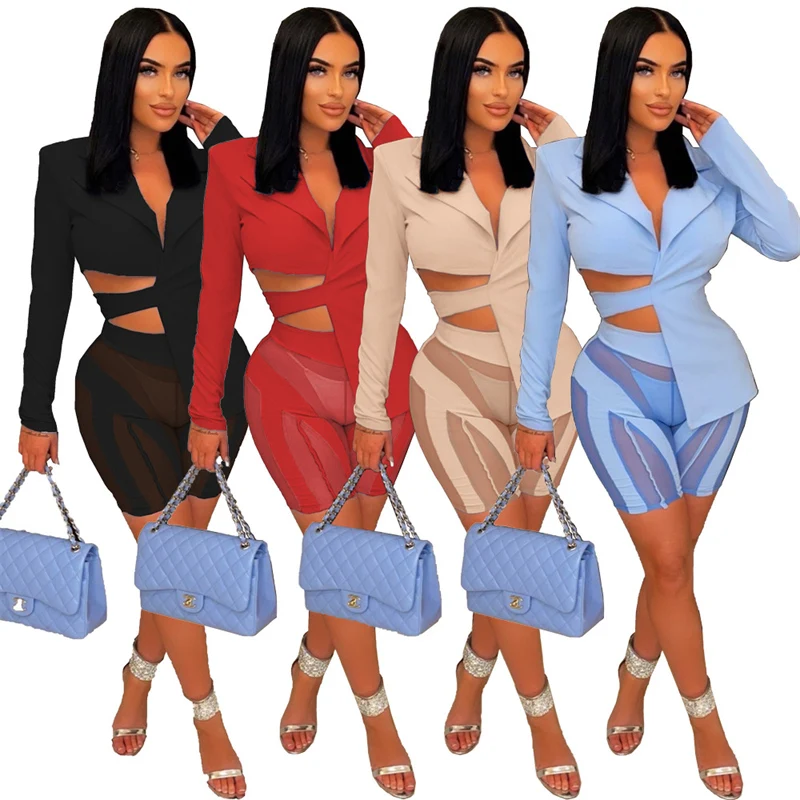 Sexy Sheer Mesh 2 Piece Short Sets Womens Outfits Party Night Long Sleeve Irregular Blazer Top and Shorts Matching Sets Clubwear