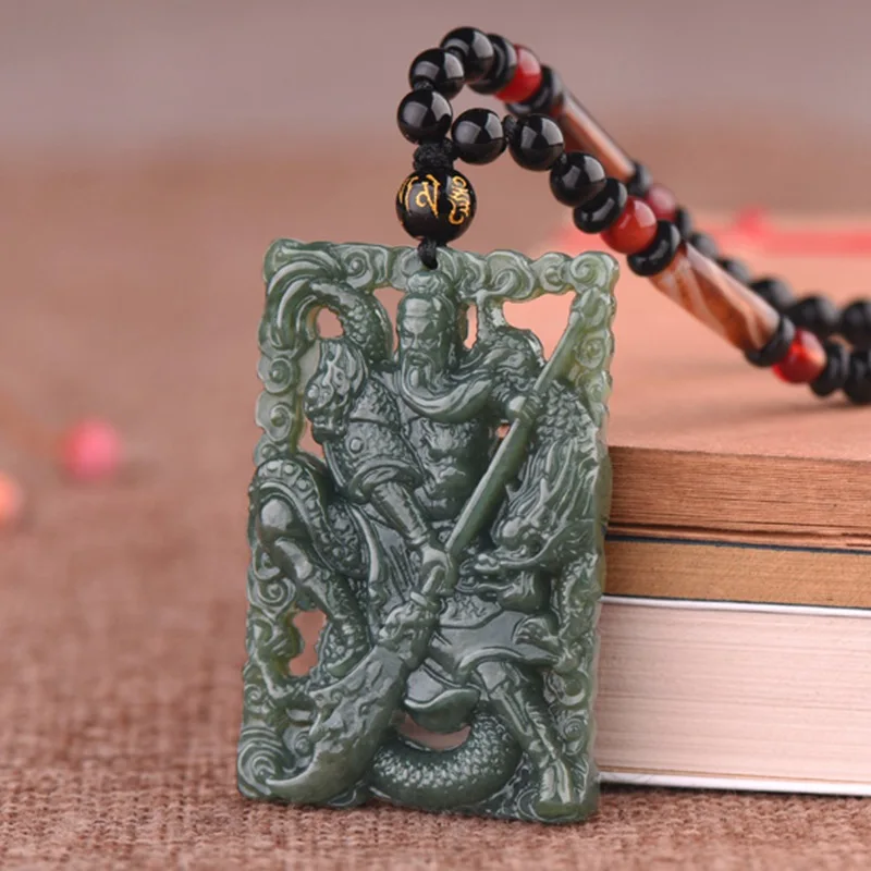Hetian Pendant , Green Necklace, Jade Amulet Men, Martial God Of Wealth