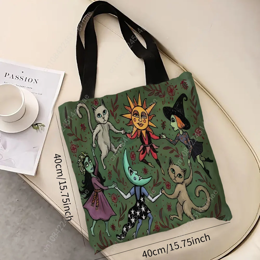 Enchanted Forest Night Shoulder Bag Whimsical Witch Cat and Moon Design on Dark Green Women's Tote Shopper Bag Beach Handbag6.11