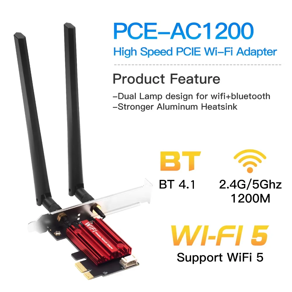  KEBIDUMEI WiFi5 DW1820 AC1200 PCIE Adapter BT 4.1 Dual Band 2.4G/5Ghz Wireless Receiver 300M/1200M Network Card For Win 10/11