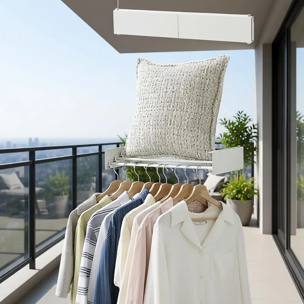 

Indoor/Outdoor Wall-Mounted 4-Rod Drying Rack, 19.7 Wide, Holds 40 lbs, White