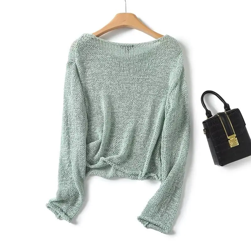 Women\'s Mint Green Knit Sweater Boat Neck Long Sleeve Loose Casual Lazy Style Jumper Autumn New Female Fashion Pullover Sweaters