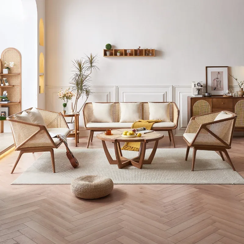 거실용 애쉬 우드 레저 라탄 의자 3인용 소형 아파트 홈스테이