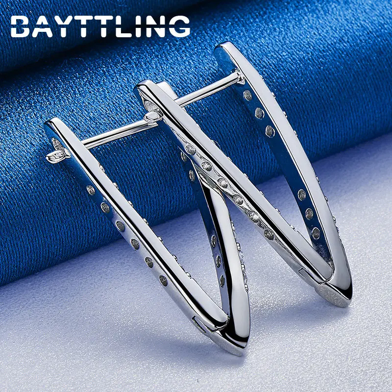 

Original 925 Sterling Silver Exquisite Zircon V Hoop Earrings For Women Wedding Fashion Party Gifts Accessories Jewelry