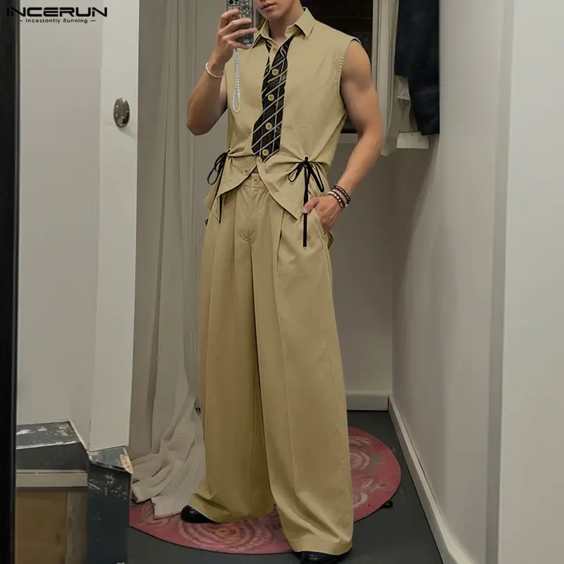 INCERUN Men Sets Printing Lapel Sleeveless Lace Up Crop Shirt & Pants Two Pieces Sets Streetwear Loose Fashion Men Casual Suits
