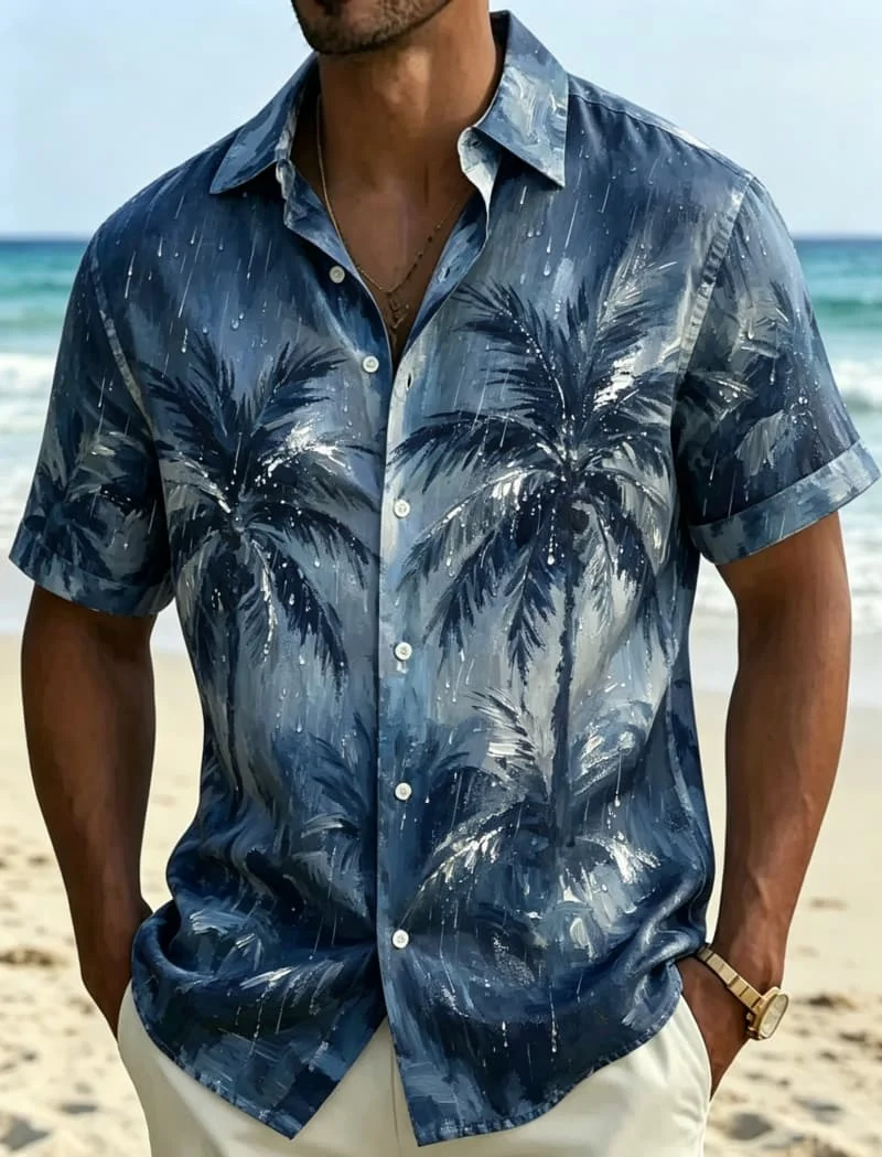 Men's Impressionist Tropical Landscape Print Hawaiian Shirt, Breathable Casual Top for Summer Vacation and Daily Wear