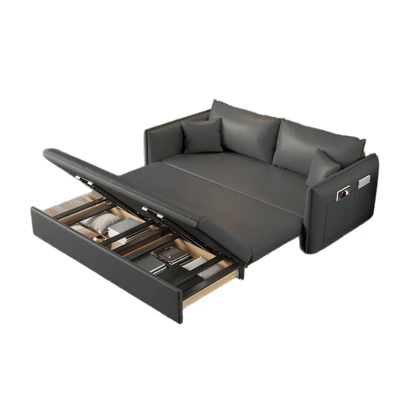 Multifunctional living room double small apartment Nordic light luxury pull leather sofa bed leather folding integrated dual-use