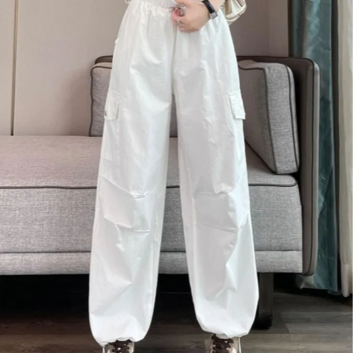 

White Quick Dry High Waist Sporty Thin Women's Summer Pants Korean Style Casual Wide Leg Harem Trousers for Middle-Aged Women