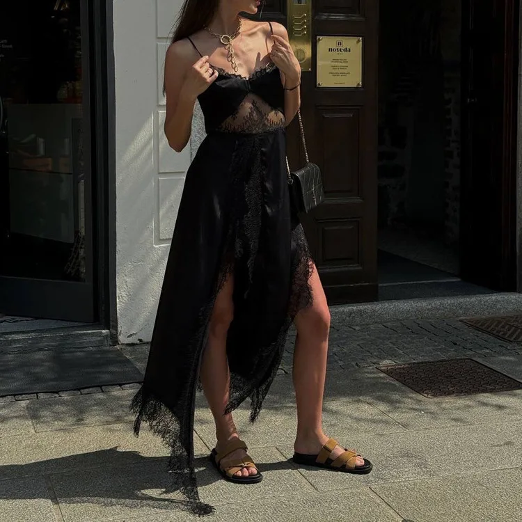 Black Satin Slip Dress Women Lace Patchwork Backless Cami Maxi Dress Sexy See Through Gothic Summer Evening Party Vestidos