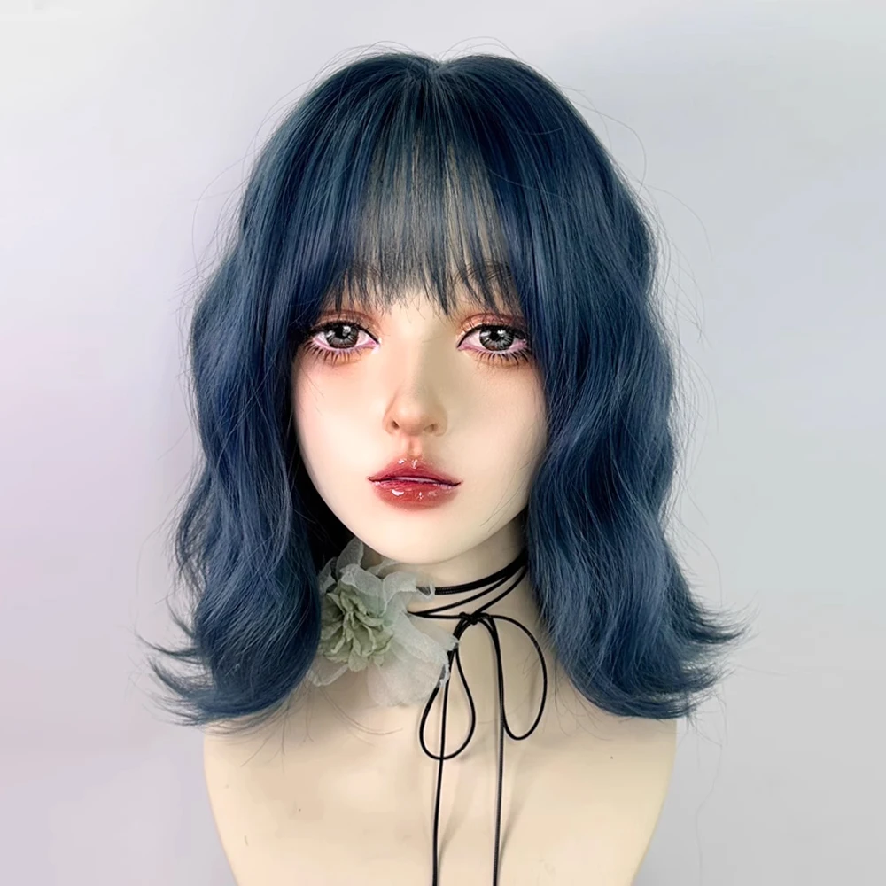 Synthetic Short Wavy Blue Wigs with Bangs Natural Fluffy Women Lolita Cosplay Hair Wig for Daily Party