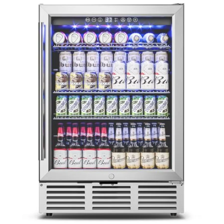 

Under counter beverage refrigerator for home office kitchen or bar: 24 inch glass door unit holds 180 cans, stainless steel fin