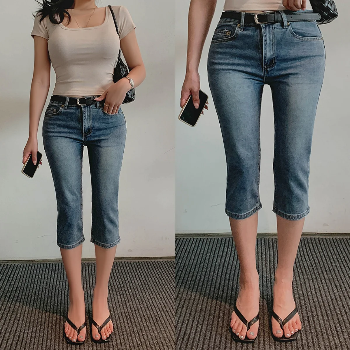 Retro Washed Faded Jeans Tight Fit Micro Flared Seven Inch Pants Casual Style Low Waist Denim Blue Cotton 100% Non-Fleece