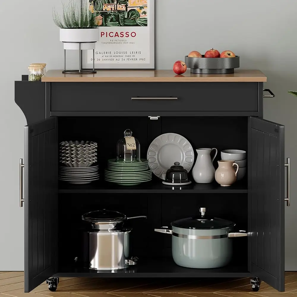 Wood Kitchen Island with Stora, Rolling Kitchen Island On Wheels, Moile Kitchen Island Trolley Cart Sideoard Cainet with Towel R