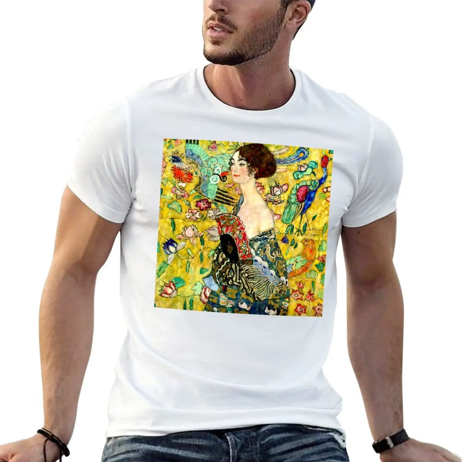 

LADY WITH A FAN : Gustav Klimt 1918 Painting Print T-Shirt cotton t shirt man black cotton t-shirt plain for man package T-Shirt