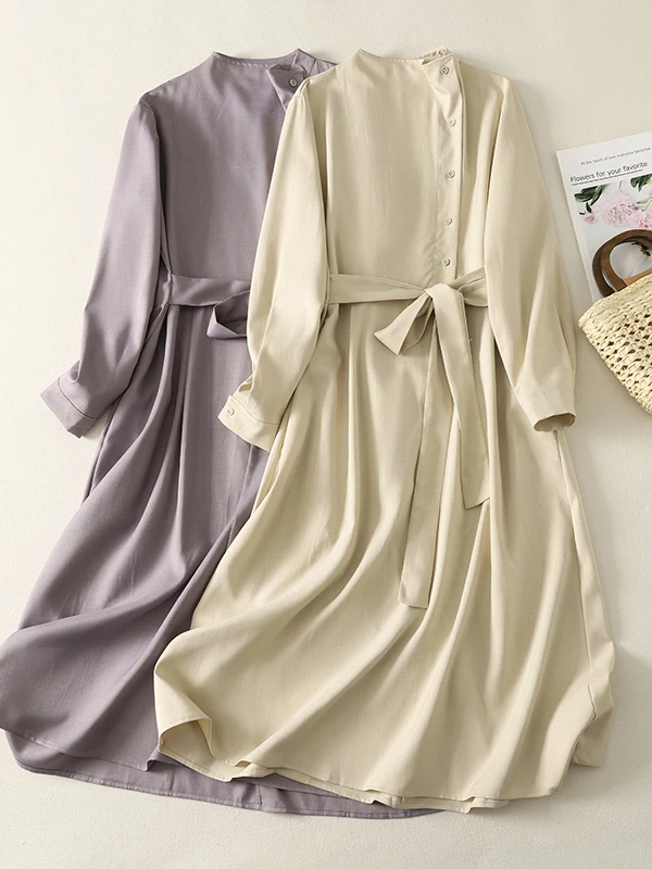 Lente 2026 Dames Lange Sve A-lijn Dr met riem Taille Cinching Zijknop Oversized Comfortabel Katoenmix Dr