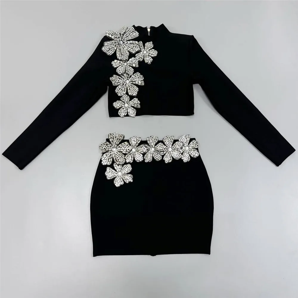 2024 New Autumn Women Bandage Sets Sexy Beading Long Sleeve Tops Mini Skirt Club Party Outwear Two Pieces Sets