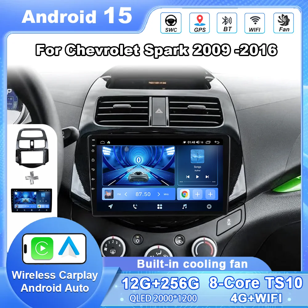 Android 15 coche DVD Carplay para Chevrolet Spark 2009 -2016 Auto Radio estéreo GPS navegación reproductor Multimedia unidad principal WIFI 4G