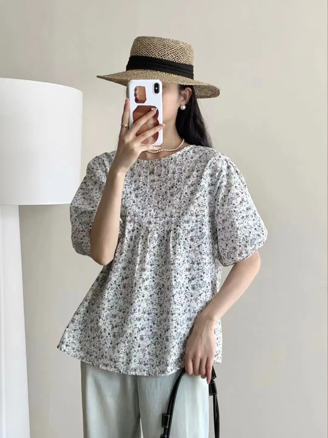 New Spring Cotton Casual Sweet Shirt Women Short Sleeve O-Neck Floral Top Girl Loose Commute OL Blouses 2024 Summer T45820QM