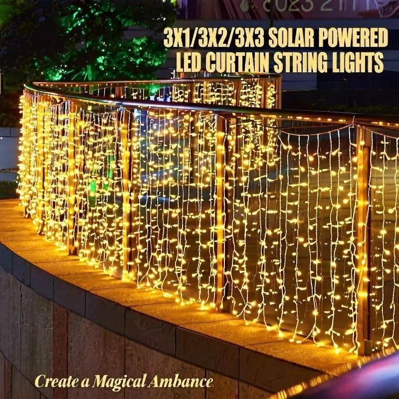 

3M Solar Curtain Lights - 8 Mode LED String Lights for Garden, Christmas Wedding Party, Waterproof Fairy Decoration