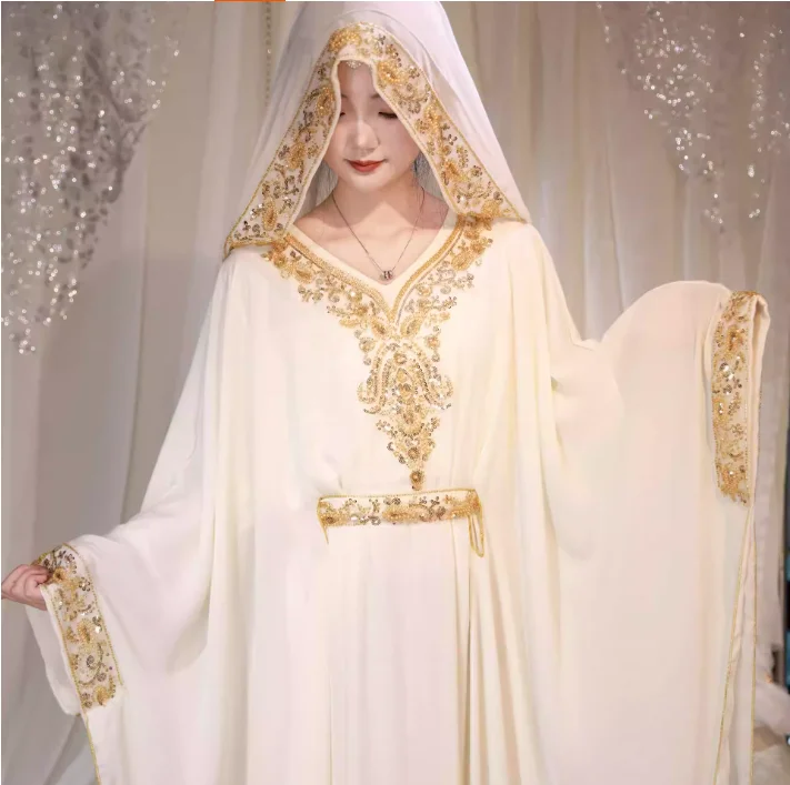 

Classic Dubai Arabian Women's Dress With Flowing Cape and Bat Sleeves, Long Robe