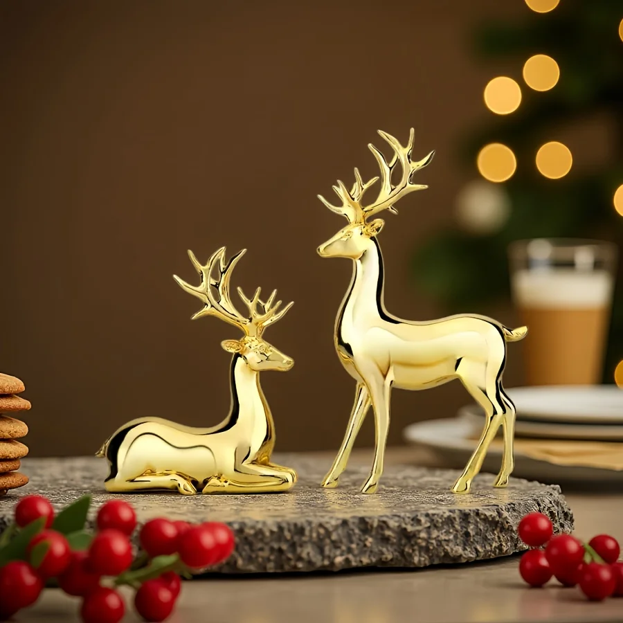 2 Pcs Christmas Sitting Standing Deer Statue Reindeer Figurines Deer Decorations for Home Indoor Rustic Decor Sculpture