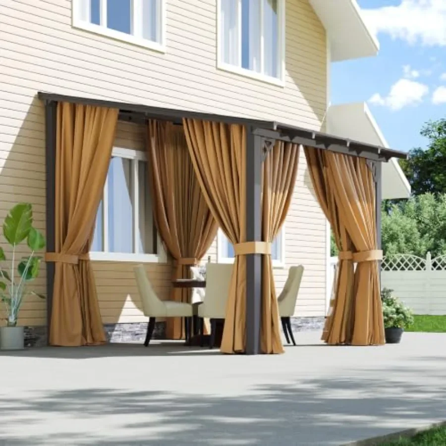 Lean to Gazebo, Hardtop Gazebo with Mosquito Net and Curtains, Wall Mounted Pergola with Aluminum Frame and Polycarbonate Panel