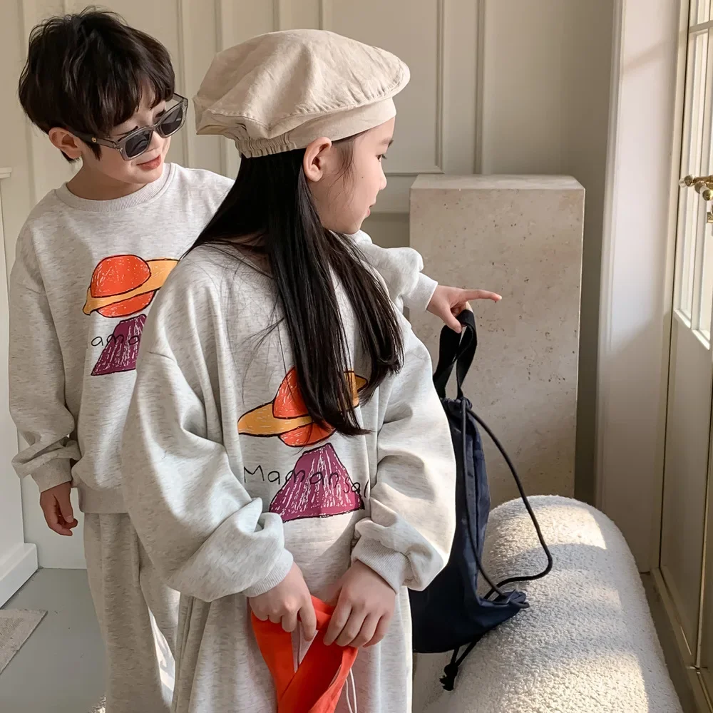

Girls long style Drawstring dress Spring 2025 Siblings Clothes Boys airship printing clothes set