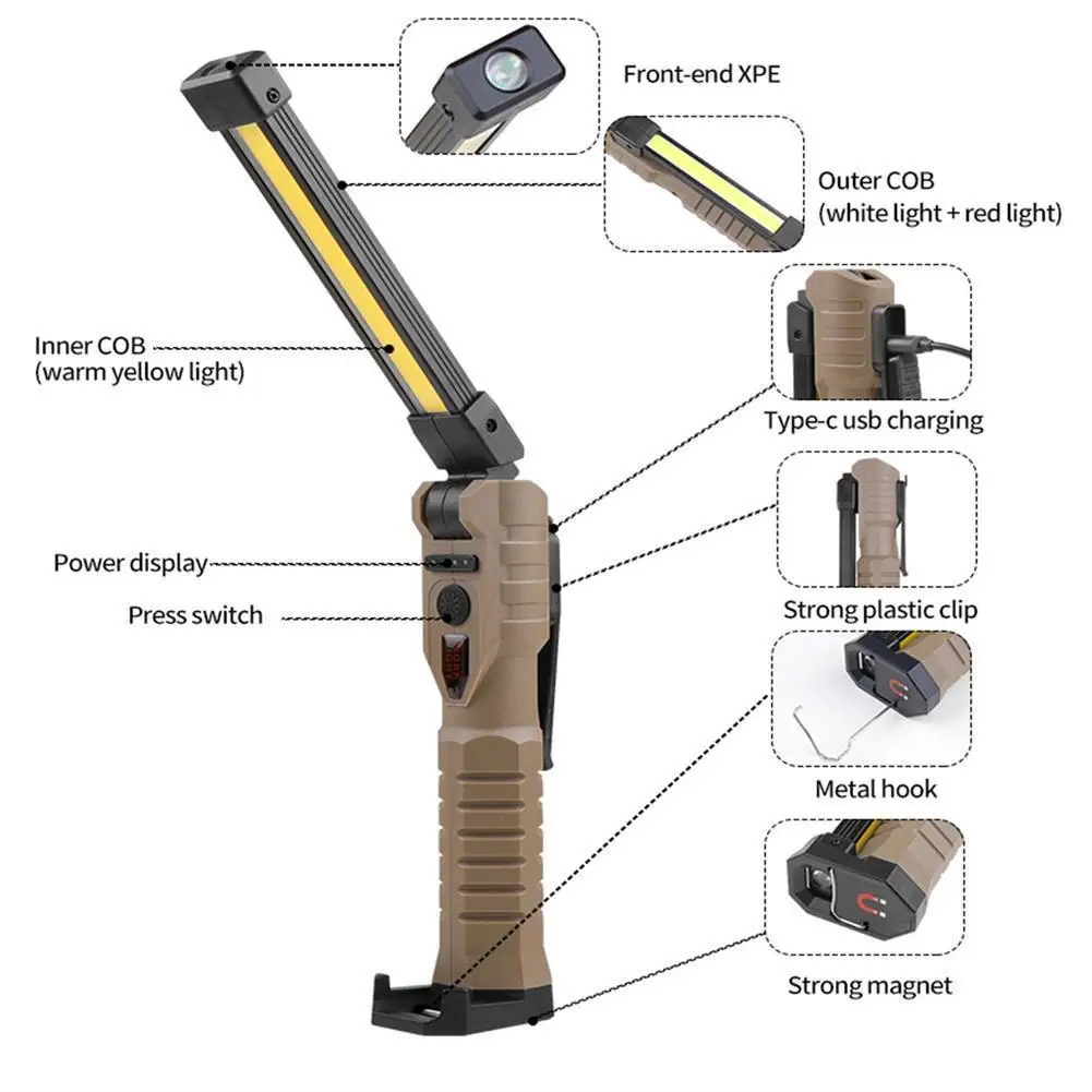 Cob Folding Work Light Double-sided Strong Light Emergency Flashlight Inspection Lamp With Strong Magnets
