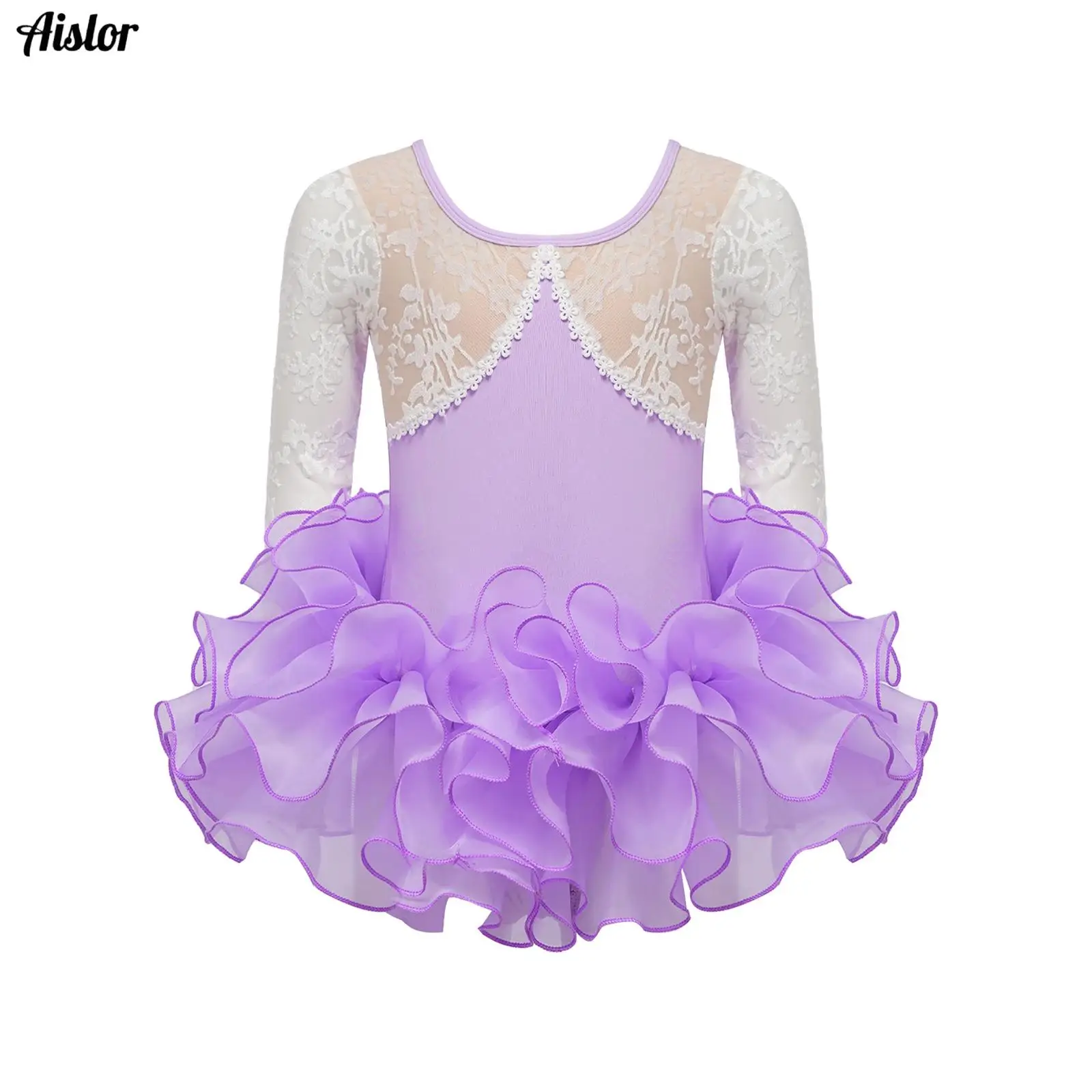 

Kids Girls Ballet Tutu Dress Gymnastic Leotard Long Sleeve Lace Mesh Jacquard Dance Bodysuit+Skirts Ballerina Fairy Party Dress