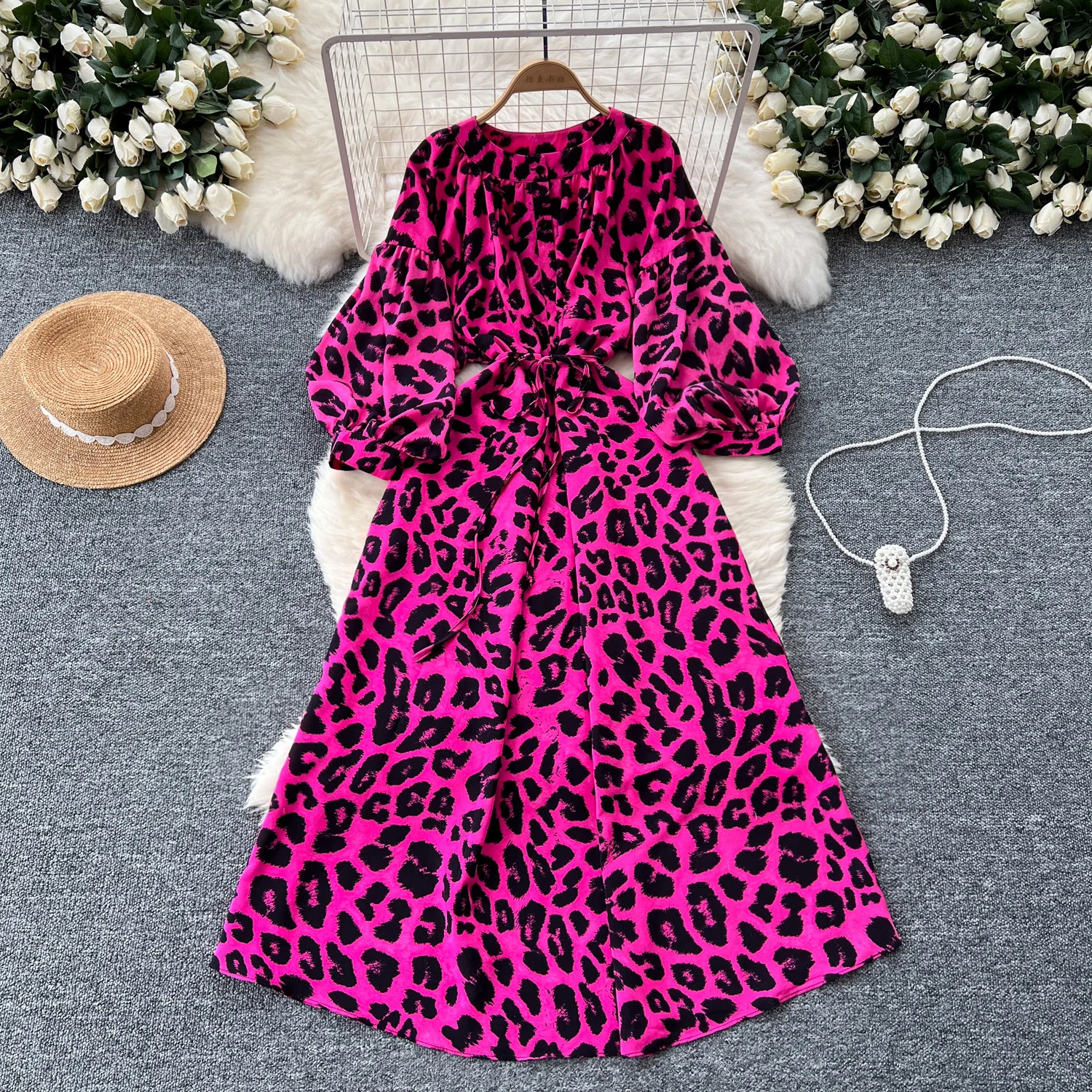 

Long Dress Women Leopard Print Dresses A Line Vestidos High Waist Round Neck Lantern Sleeve Elegant Y2k Maxi Party Club 2025