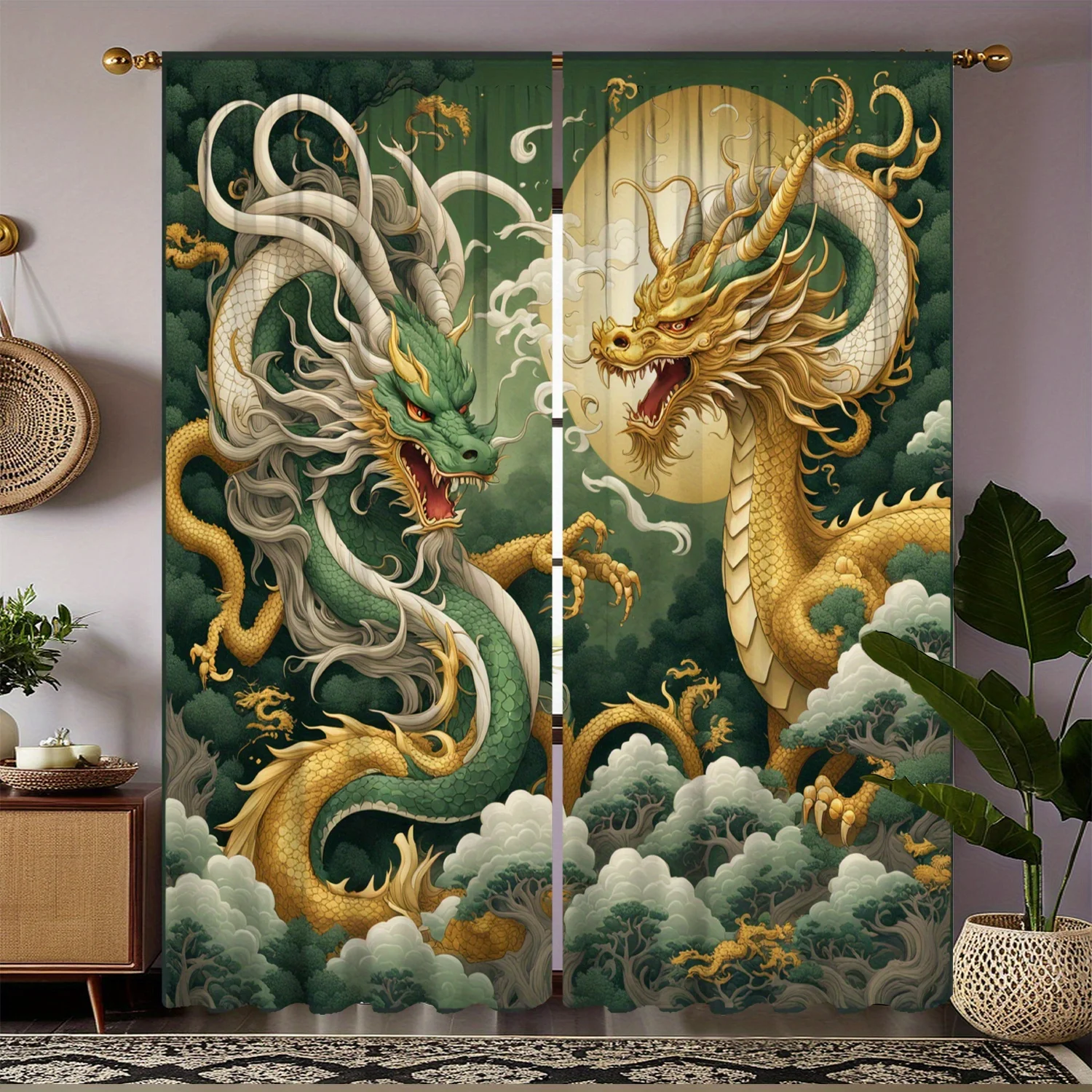 

Chinese Dragon Curtains with Green and Gold Mythical Design Oriental Art Window Drapes for Living Room Bedroom Asian Home Decor