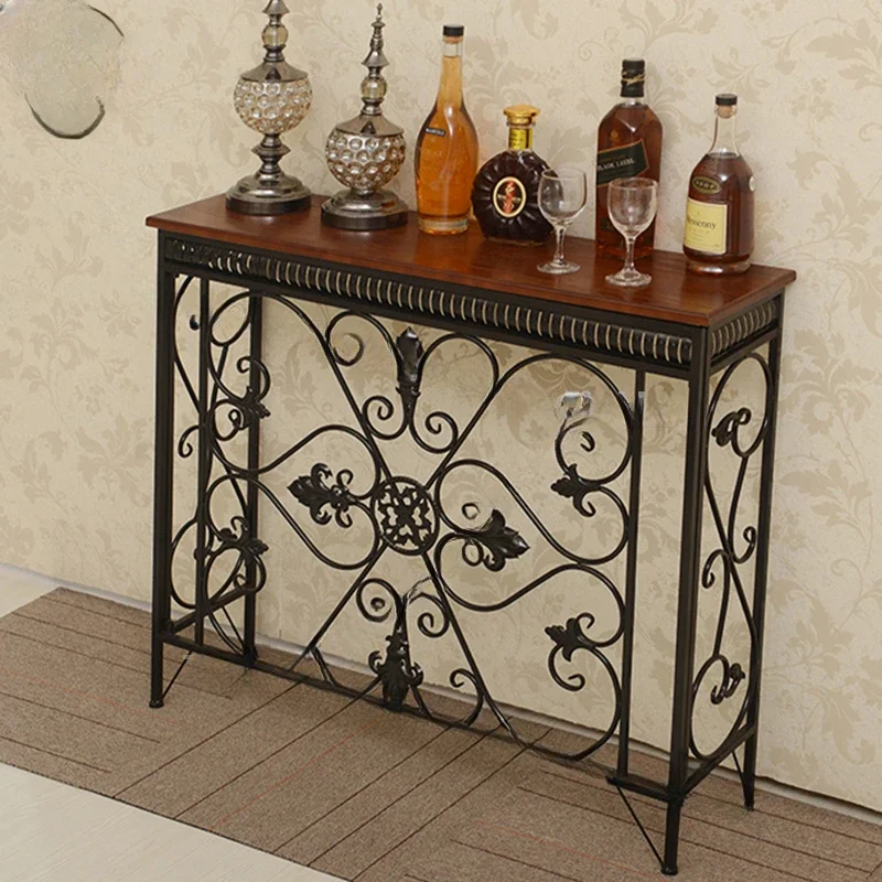 Iron Console Table Porch Narrow Table Side Cabinet Hallway Furniture Iron Flower Frame Design