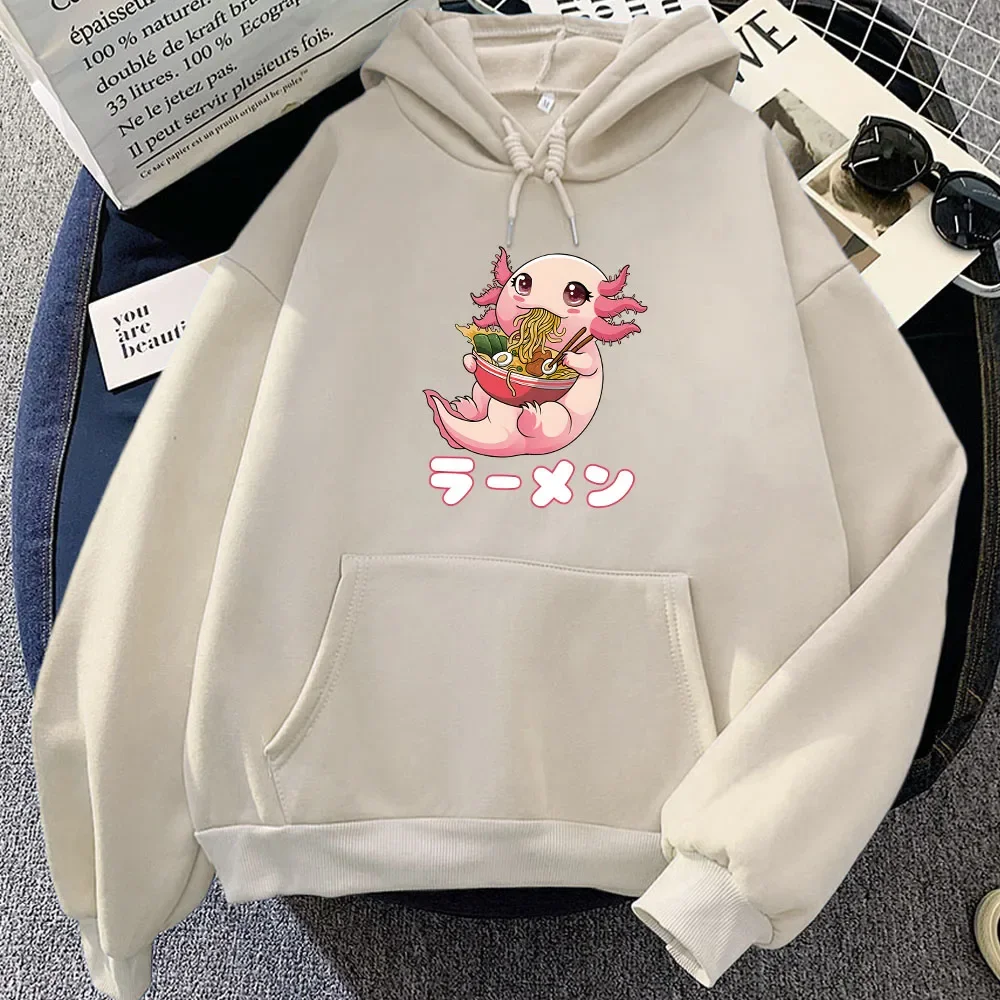 Women Cute Cartoons Hoodies Axolotl Eating Ramen Graphic Print Hoodie Plus Size Streetwear Harajuku Female Warm Sweatshirt