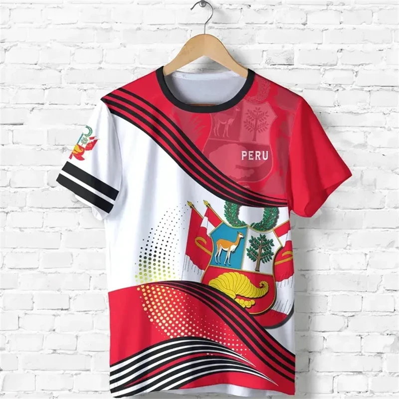 3D Printing Peru Flag National Emblem T Shirts Men Clothing Harajuku Fashion Streetwear Loose Breathable Kids Tee Shirts Tops