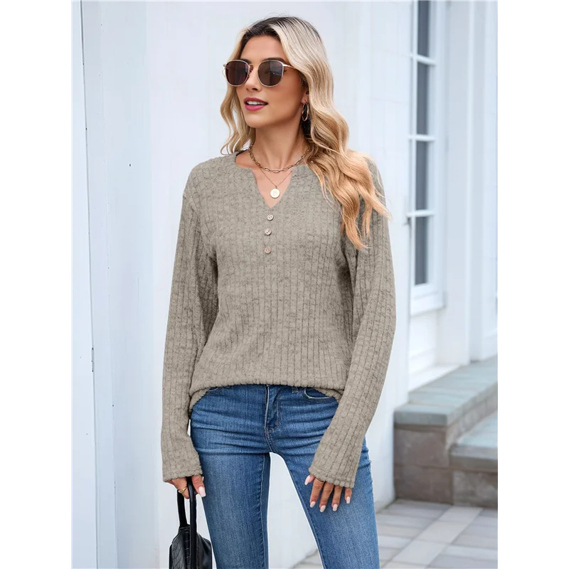 AOAO-Women Long Sleeve Shirts Dressy Casual Button V Neck Pullover Sweaters Jumper Tops Fall Outfits