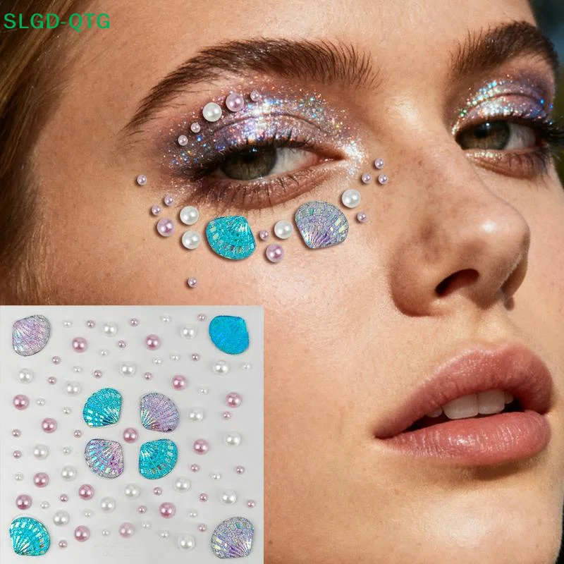 New 1 Sheet Sparkling Mermaid Rhinestone Temporary Tattoos 3D Dreamy Shell Pearl Face Stickers DIY Body Art Stage Makeup Tool