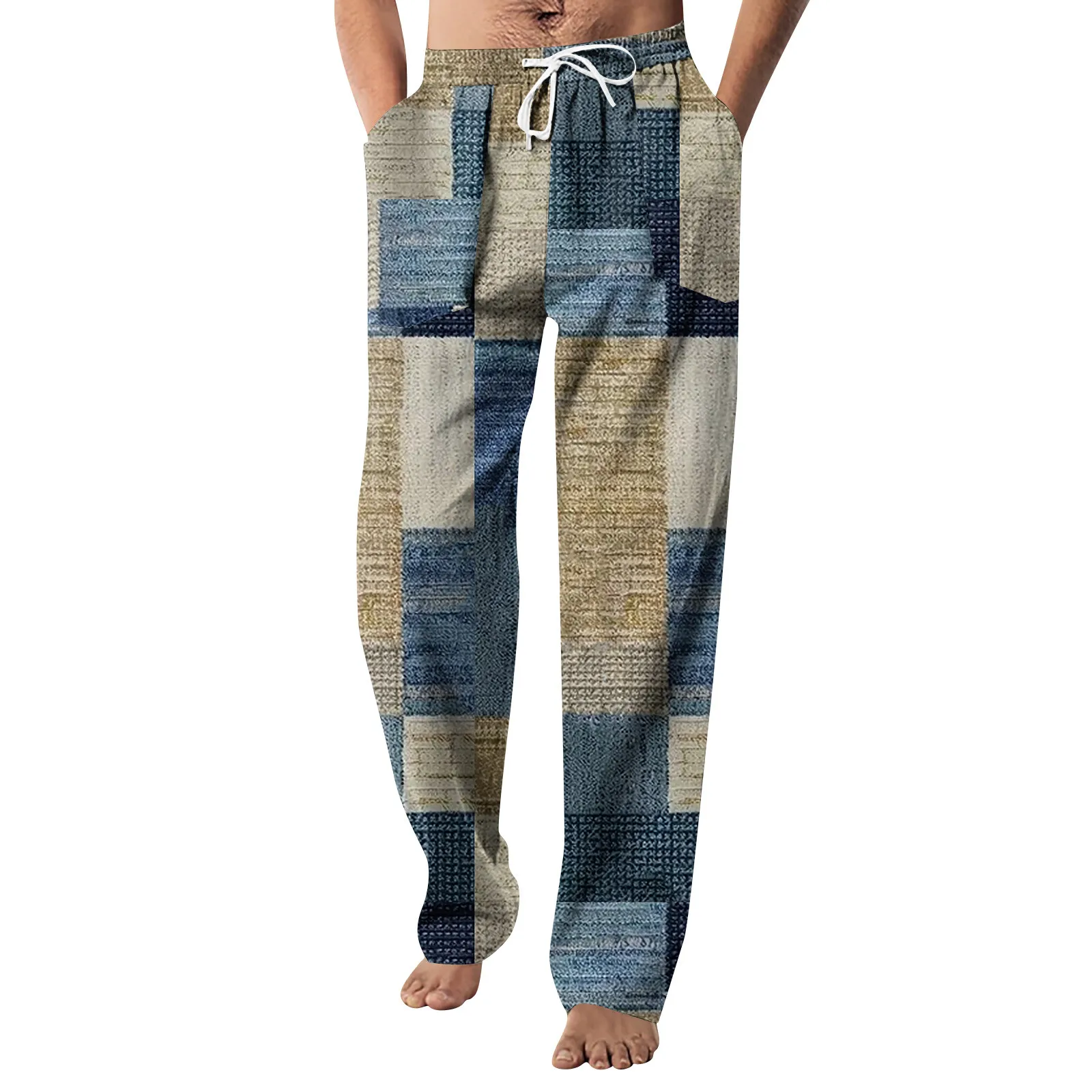 

2024, мужские брюки из хлопка и льна, модные повседневные брюки, дышащие свободные брюки с принтом, прямые брюки на шнурке, уличная мужская одежда