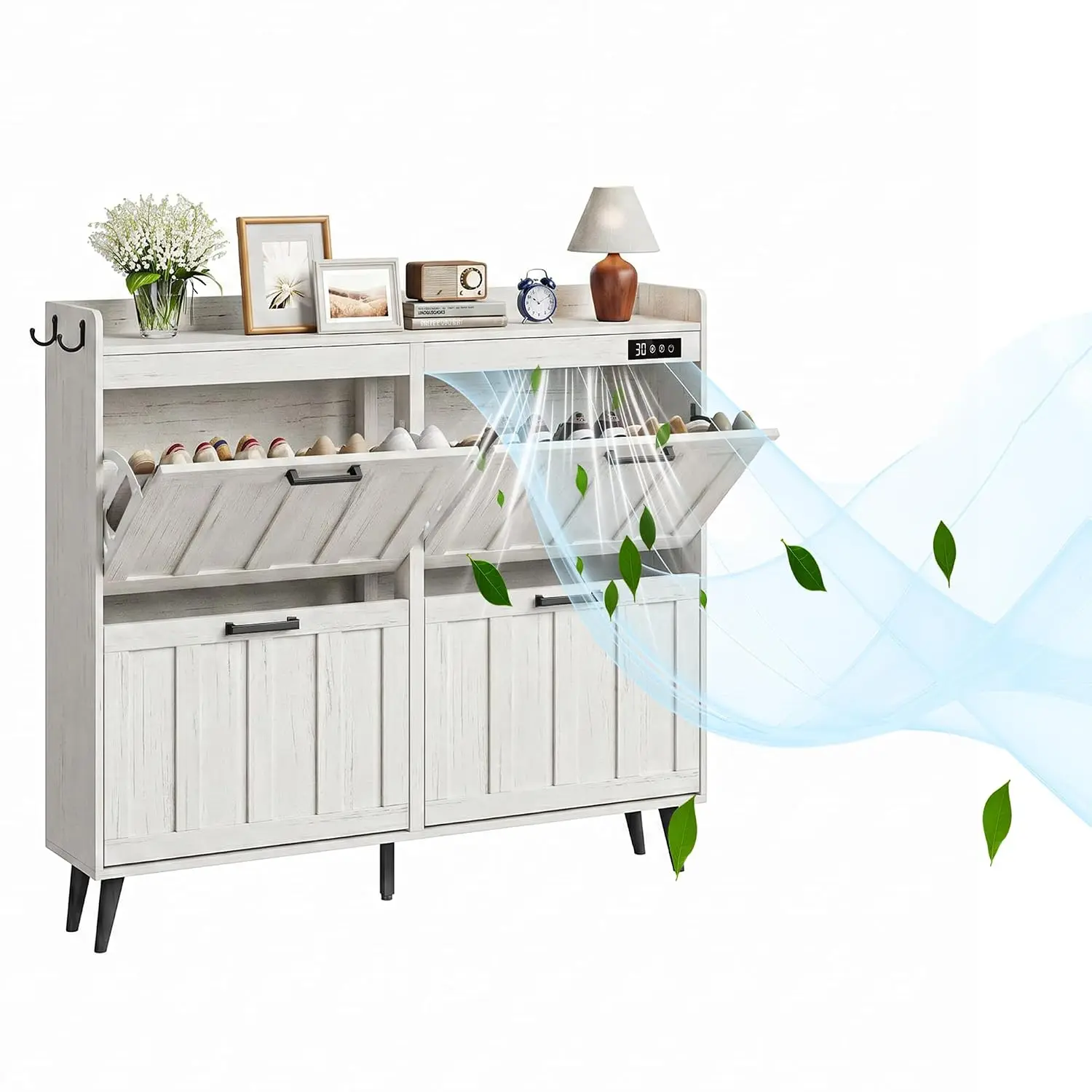 Shoe Cabinet 4 Flip Drawers & Deodorizer, Slim Hidden Organizer for Entryway, Freestanding Narrow Rack, White, Customized