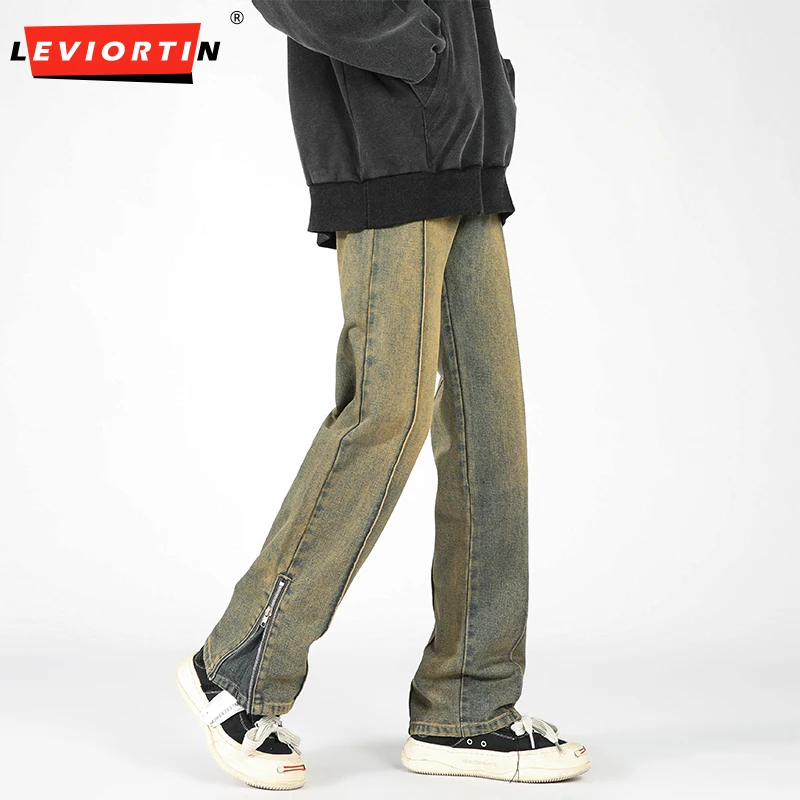 High Street Distressed Jeans Pants Men Casual Washed Straight Long Pants Ankle Zipper Side Open Denim Trousers Y2K Streetwear