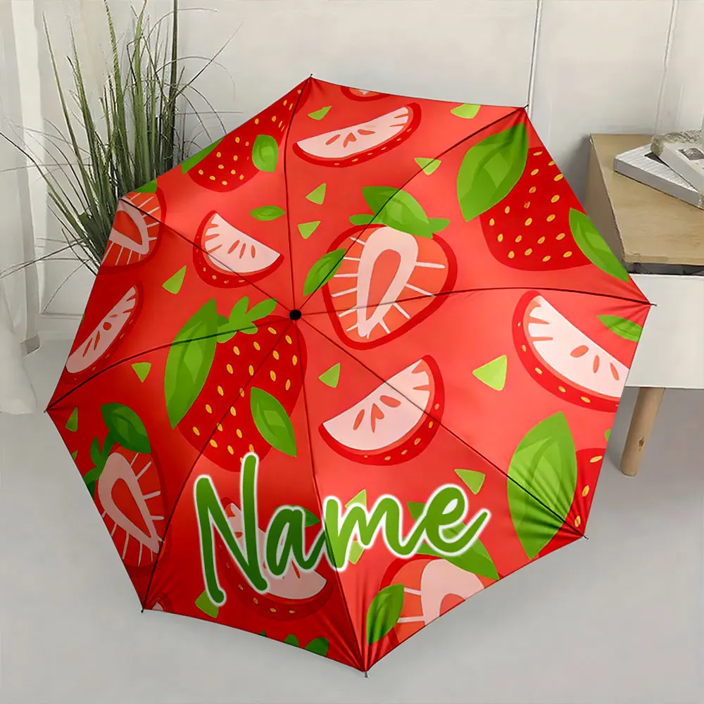 Custom Name Umbrella Strawberry Delight: A Sweet Umbrella Design Print 8 Iron Ribs Folding Umbrella Auto-Open Fashion Sunshade