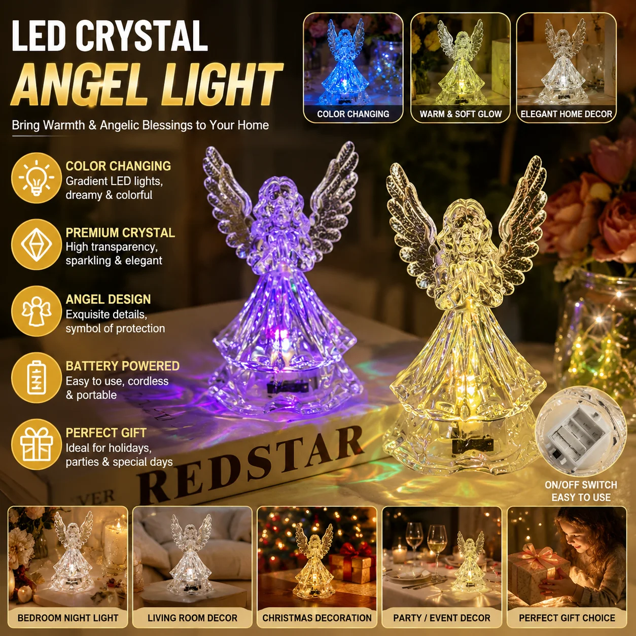 Crystal Angel LED Night Light Color Changing Acrylic Table Lamp Bedroom Bedside Home Decor Gift Ornament
