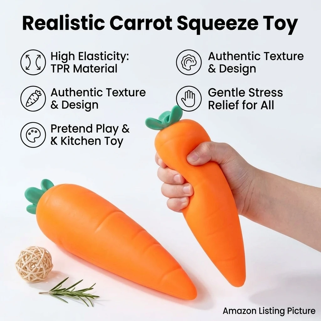 Simulation Carrot Squeeze-Toy Stress Relief Bouncy Ball for Kids Kitchen Pretend Play Sensory Fidget-Toy 30cm Durable Safe