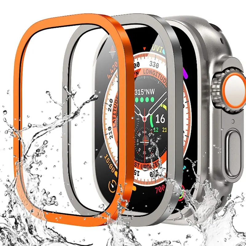 Impermeável vidro temperado protetor de tela, protetor Bumper iWatch, película transparente, capa de metal, 49mm, 49mm