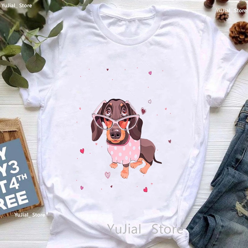 Dachshund Heart Beats Graphic Print Tshirt Girls Funny Dog Lover T Shirt Women Harajuku Shirt Kawaii Clothes Summer Tops Tee